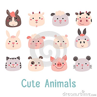 Hand drawn characters goat pig cow sheep cat dog mouse rabbit hamster donkey. Vector Illustration