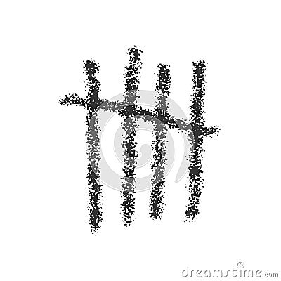 Hand drawn charcoal tally mark. Four black sticks crossed out by slash line. Day counting symbol on jail wall. Unary Vector Illustration