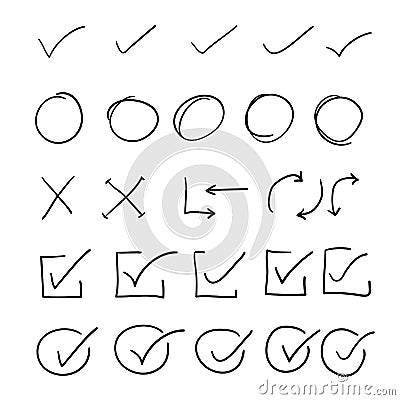 Hand drawn check signs and arrow collection illustration vector Vector Illustration