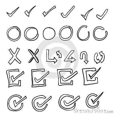 Hand drawn check signs and arrow collection illustration vector Vector Illustration