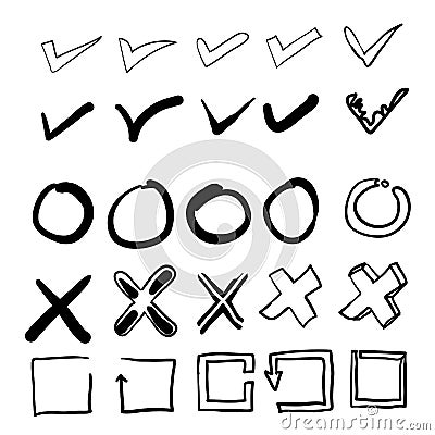 Hand drawn check signs. Doodle v mark for list items, checkbox chalk icons and sketch checkmarks Vector Illustration