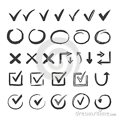 Hand drawn check signs. Doodle v mark for list items, checkbox chalk icons and sketch checkmarks. Vector checklist marks Vector Illustration