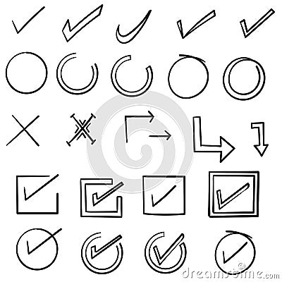 Hand drawn check signs. Doodle v mark for list items, checkbox chalk icons and sketch checkmarks. Vector checklist marks icon set Vector Illustration