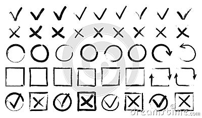 Hand drawn checkmarks. Black doodle v marks, checklist boxes. Grunge tick and cross signs, brush stroke voting checkmark Vector Illustration