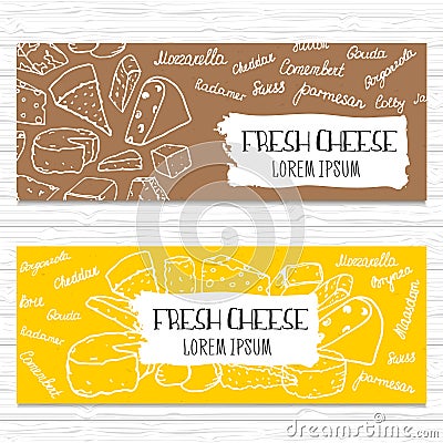 Hand drawn cheese banners set. Template for cheese shop,organic food, etc.Vector illustration. Vector Illustration