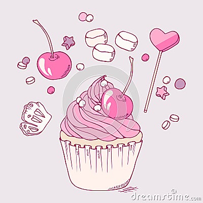 Hand drawn cherry cupcake clip art Vector Illustration