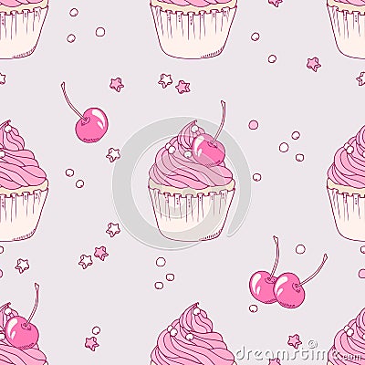 Hand drawn cherry cupcake seamless pattern Vector Illustration
