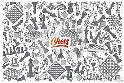 Hand drawn Chess doodle set with lettering Vector Illustration