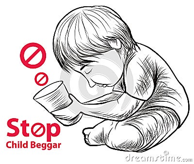 Hand drawn Child lake a freedom they need education,red symbol stop child beggar Vector Illustration