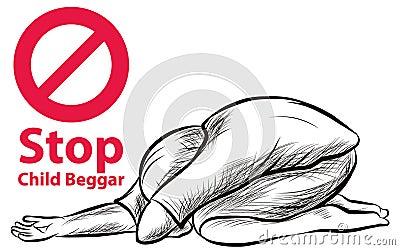 Hand drawn Child lake a freedom they need education,red symbol stop child beggar Vector Illustration