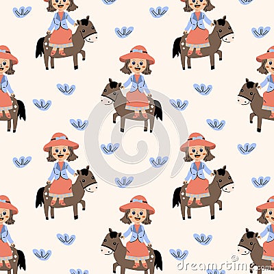 Hand drawn childish girl and horse background Vector Illustration