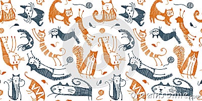 Hand drawn childish simple seamless pattern with cats, mouse, skein of thread in Scandinavian flat cartoon style Stock Photo