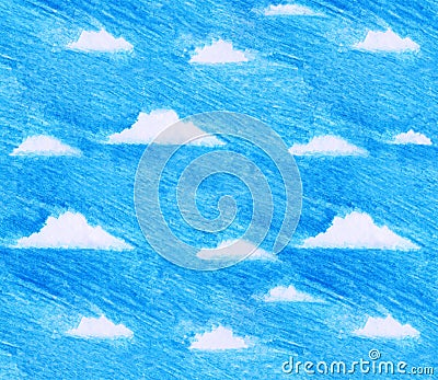 Hand drawn children`s illustration of blue sky and white clouds in freehand color pencil style Cartoon Illustration