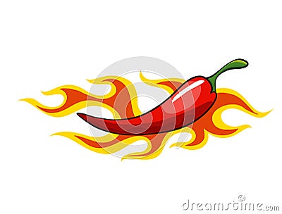 Hand drawn chili pepper. Super hot red chilli pepper in fire. Chili pepper in flame on white background. Natural healthy Vector Illustration