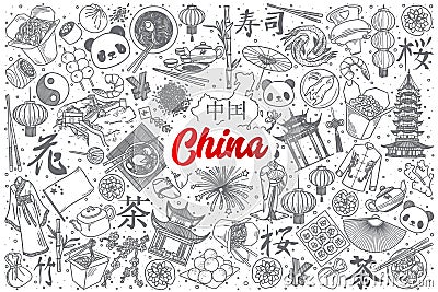 Hand drawn China doodle set with lettering Vector Illustration