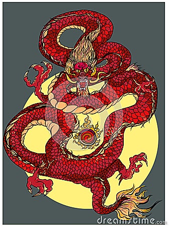 Red dragon tattoo Japanese style. Vector Illustration