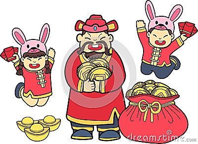 Hand Drawn Chinese Wealth God and Chinese Boy with girls illustration Vector Illustration