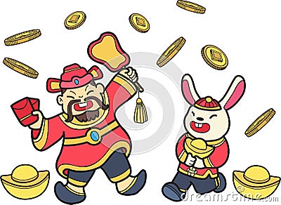 Hand Drawn Chinese Wealth God and Rabbit illustration Vector Illustration