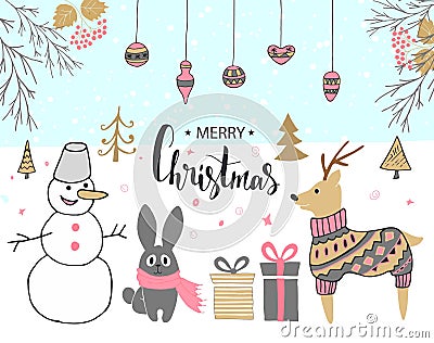 Hand drawn christmas card with cute snowman, rabbit, deer, gifts and other items. Stock Photo