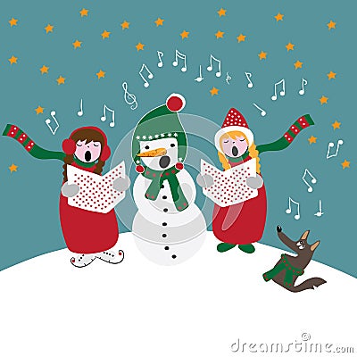 Christmas carols , children with snowman and dog singing, vector illustration Vector Illustration