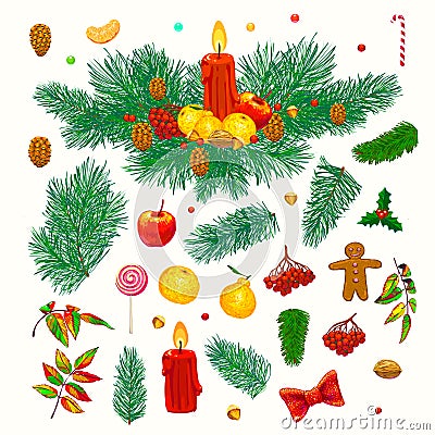 Hand-drawn Christmas decorations. Festive attributes Vector Illustration