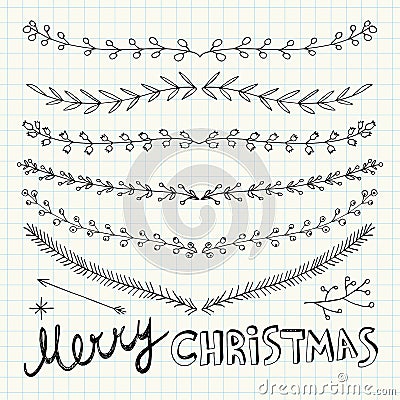 Hand Drawn Christmas Decorative Elements, Doodles and Borders Vector Illustration