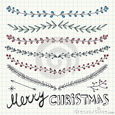 Hand Drawn Christmas Decorative Elements, Doodles and Borders Vector Illustration