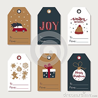Hand drawn Christmas gift tags collection. Cute festive tag. Vector Illustration