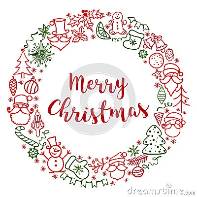Hand drawn Christmas greeting card with Santa Claus and Christmas tree Vector Illustration