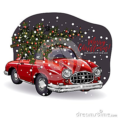 Hand drawn Christmas greeting card. Vector retro red car with decorated fir tree on top. Snowy evening forest. Xmas and Vector Illustration