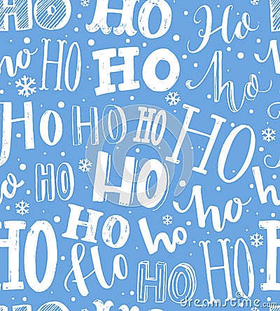 Hand drawn Christmas pattern. Seamless background with text hohoho. Gift wrapping blue and white paper. Vector Illustration