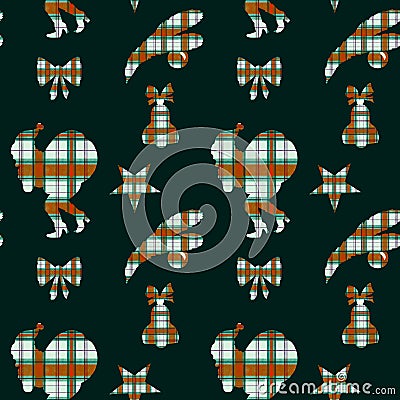 Hand drawn Christmas seamless pattern with Santa Clause and Xmas ornaments on dark green background. Vintage style Cartoon Illustration