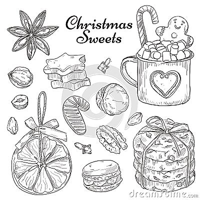 Hand drawn Christmas tasty sweets, element collection of holiday food Vector Illustration