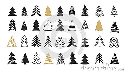 Hand drawn Christmas tree icons. Doodles and sketches Vector Illustration