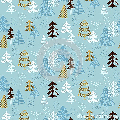 Hand drawn Christmas tree seamless naive pattern Vector Illustration