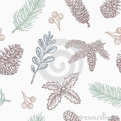 Hand Drawn Christmas Vector Seamless Background Pattern. Fir-needle Branch, Strobile, Holly and Mistletoe Sketches Card Vector Illustration