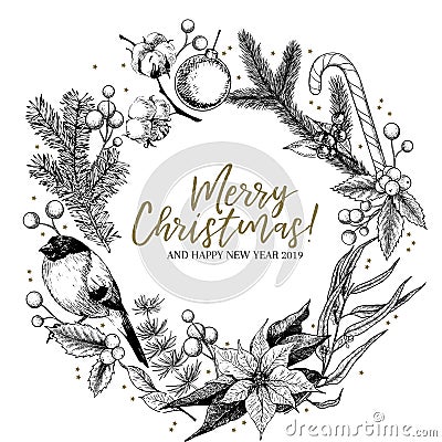 Hand drawn Christmas wreath. Fir, pine, eucalyptus, cotton, poinsettia, bullfinch, mistletoe, holly. Vector greeting Vector Illustration