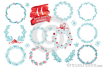 Hand drawn Christmas wreath set with winter floral. Vector illustration. Season greeting card. For your text, lettering, calligrap Cartoon Illustration