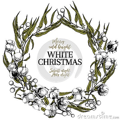 Hand drawn Christmas wreath. White Christmas. Eucalyptus, cotton, mistletoe. Vector greeting card. Xmas composition Vector Illustration