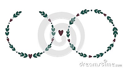 Hand drawn circle wreath with hearts, leaves and space for your text. Vector Illustration