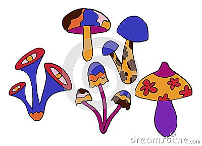 Hand drawn clipart illustration with hippie groovy mushrooms in orange purple blue red colors. Retro vintage 1960s 1970s Cartoon Illustration