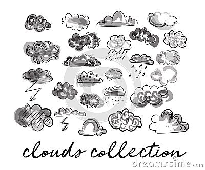 Hand drawn clouds with rain and snow. Set of vector clouds. Design elements. Vector Illustration