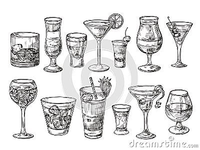 Hand drawn cocktail. Alcoholic drinks in glasses. Sketch juice, margarita martini. Cocktail with rum, gin whiskey vector Vector Illustration