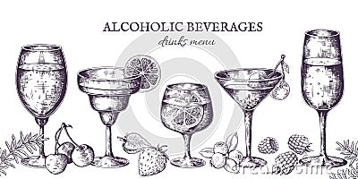 Hand drawn cocktails. Vintage alcoholic menu sketch, liquor beverages and lemonades. Vector isolated tropical bar drinks Vector Illustration