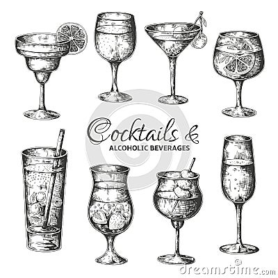 Hand drawn cocktails. Vintage glasses with liquors and alcoholic drinks, summer drinks sketch menu. Vector tropical Vector Illustration