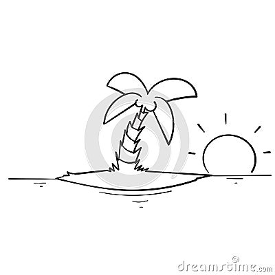 Hand drawn coconut tree on a small island with sunlight behind it. in doodle style vector Vector Illustration