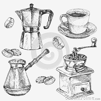 Hand drawn coffee collection. Cup, coffee maker, coffee grain, coffee grinder Vector Illustration