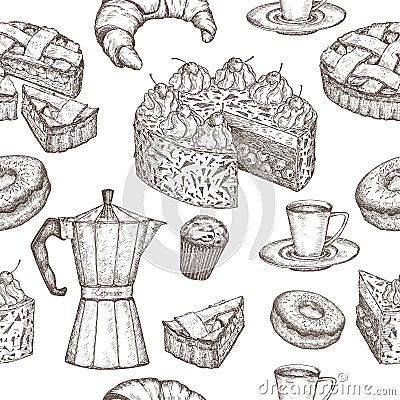 Hand drawn coffee and dessert seamless pattern Vector Illustration