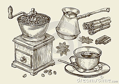 Hand drawn coffee grinder, cup, beans, star anise, cinnamon, chocolate, cezve, drink. Sketch vector illustration Vector Illustration