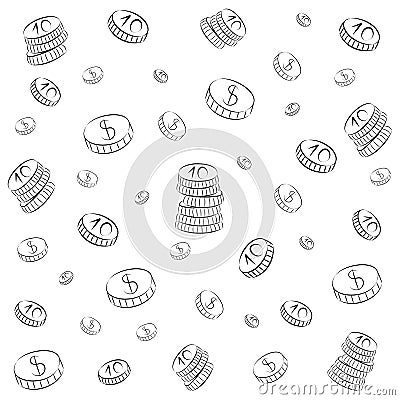 Hand Drawn Coins. Doodle Money Rain. Sketch Style. Vector Illustration